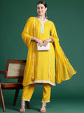 Indo Era Yellow Embroidered Straight Kurta Trousers With Dupatta set
