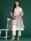 Indo Era White Yoke Design Straight Kurta Trousers With Dupatta set