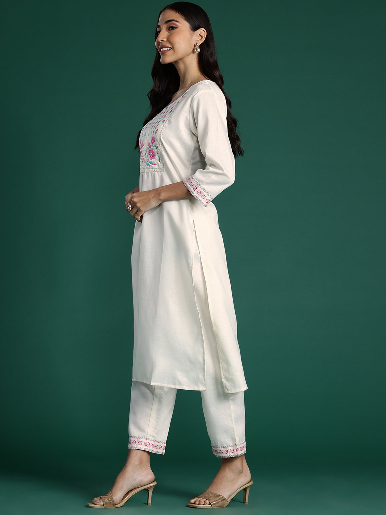 Indo Era White Yoke Design Straight Kurta Trousers With Dupatta set