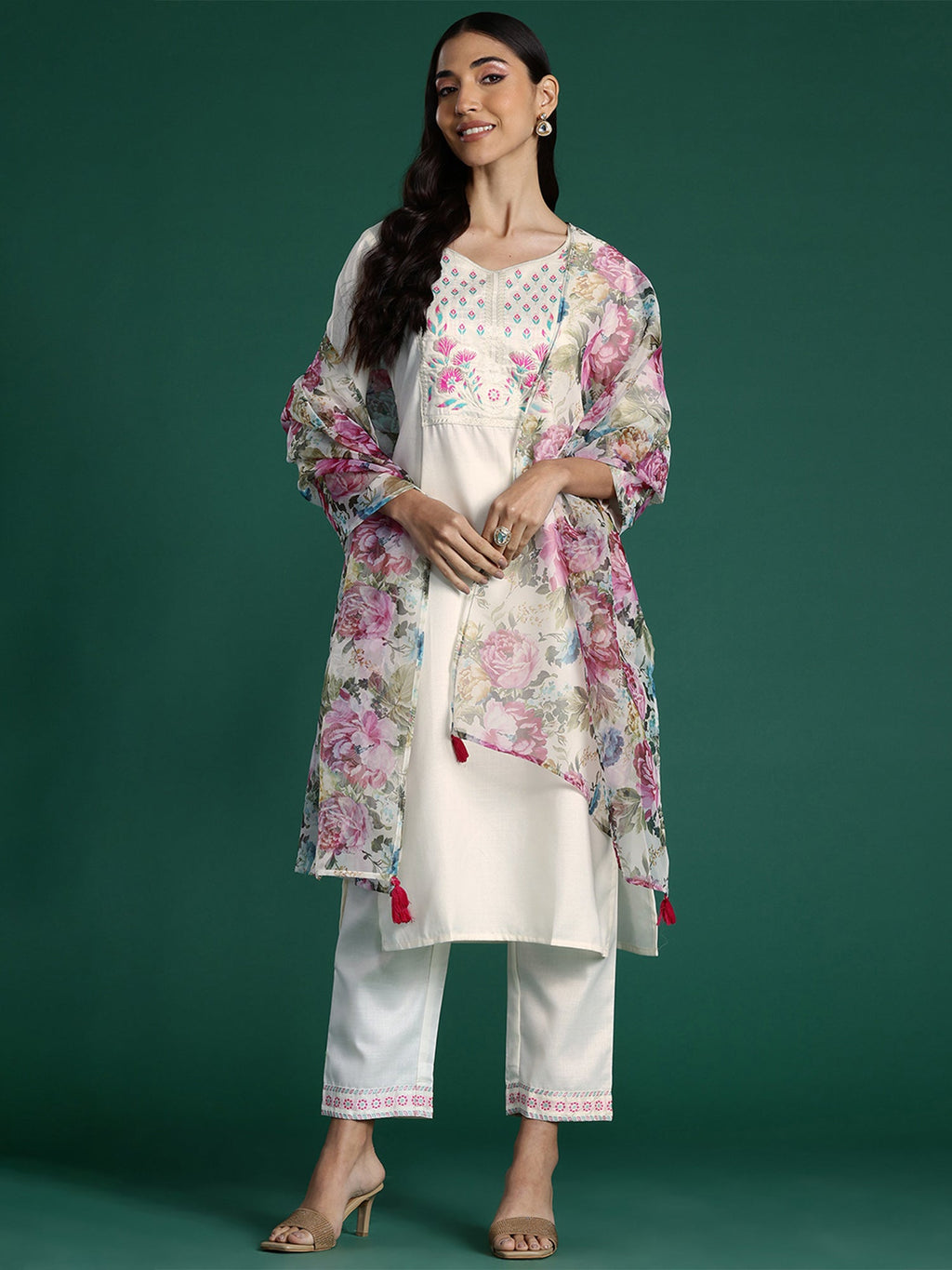 Indo Era White Yoke Design Straight Kurta Trousers With Dupatta set