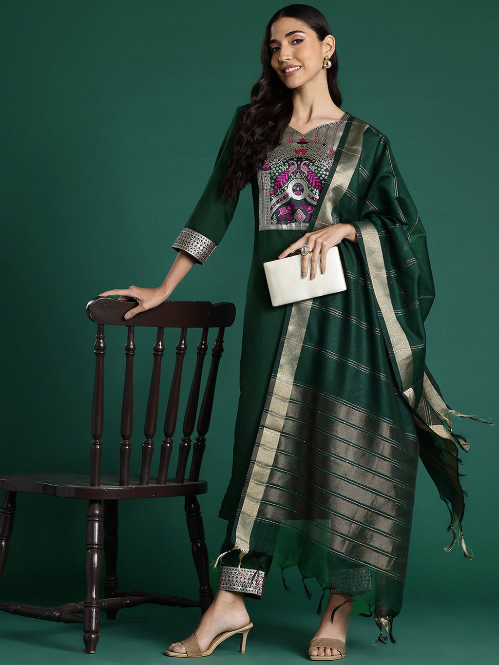 Indo Era Green Yoke Design Straight Kurta Trousers With Dupatta set