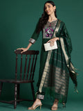 Indo Era Green Yoke Design Straight Kurta Trousers With Dupatta set