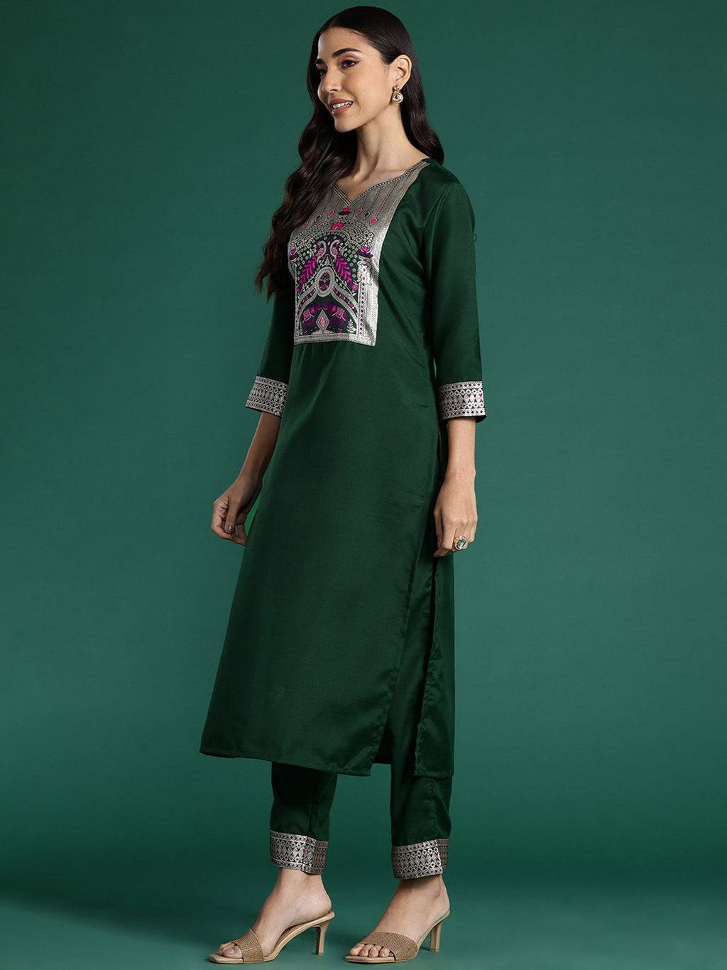 Indo Era Green Yoke Design Straight Kurta Trousers With Dupatta set