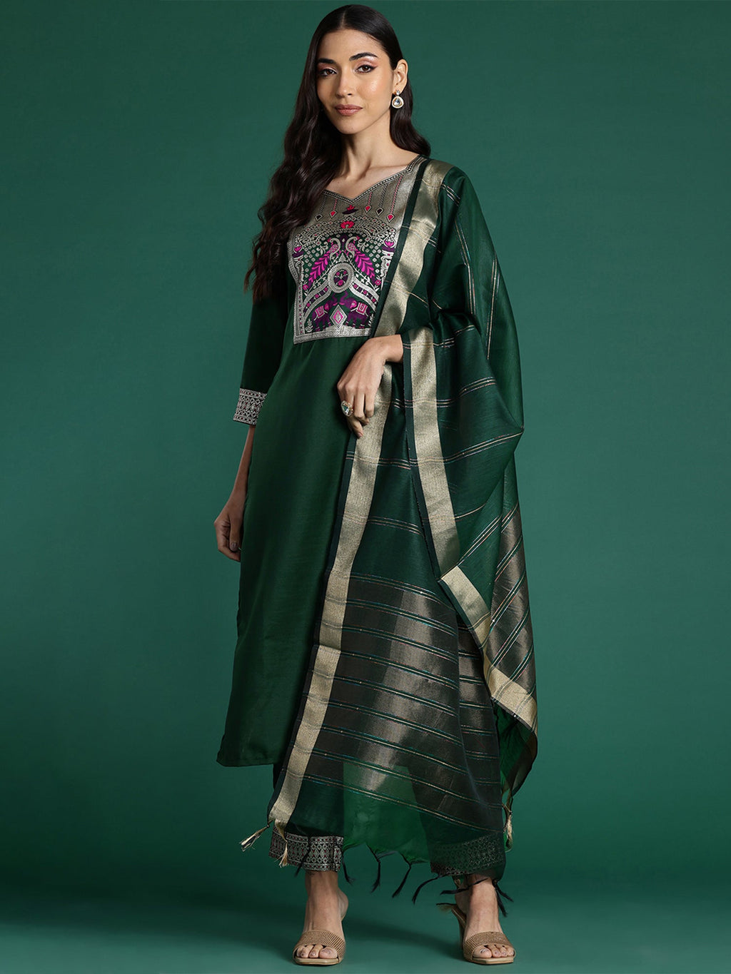 Indo Era Green Yoke Design Straight Kurta Trousers With Dupatta set