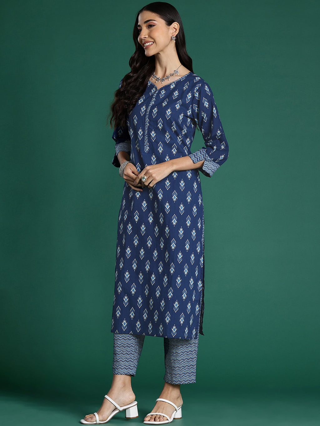 Indo Era Blue Printed Straight Kurta Trousers With Dupatta set