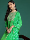 Indo Era Green Printed Straight Kurta Trousers With Dupatta set