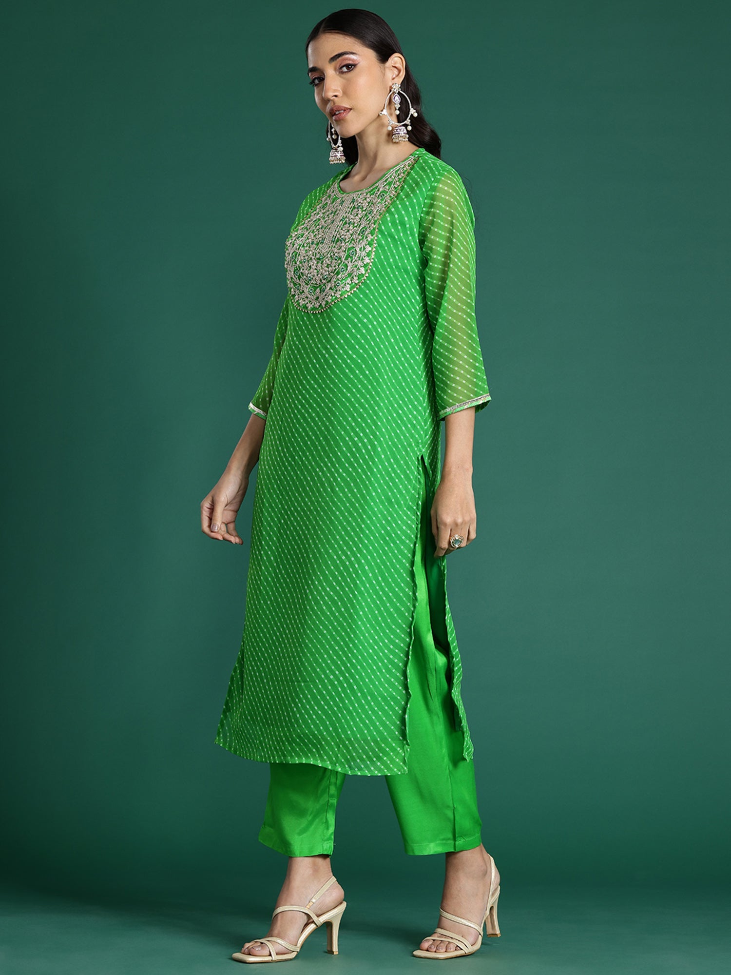Indo Era Green Printed Straight Kurta Trousers With Dupatta set