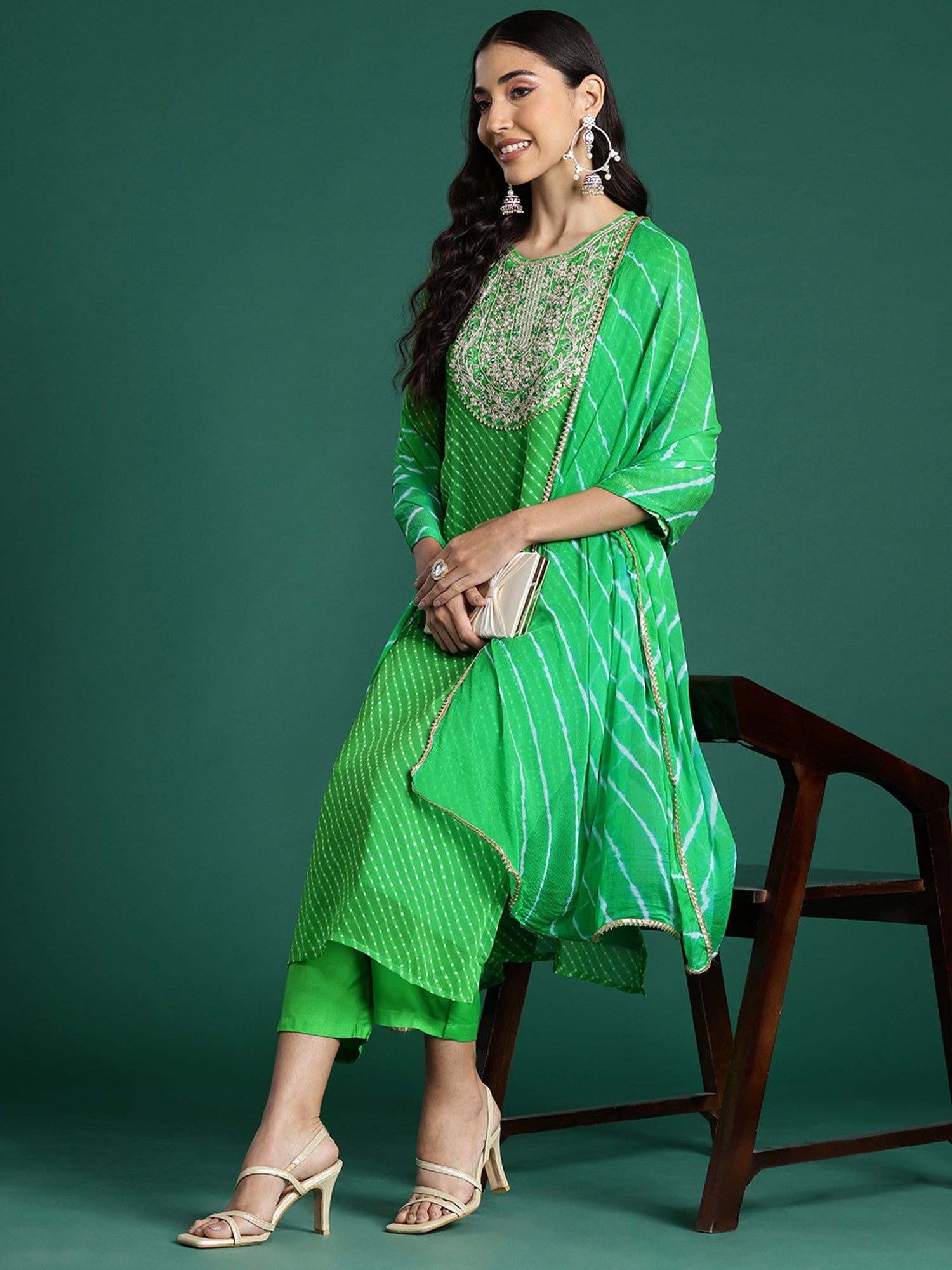 Indo Era Green Printed Straight Kurta Trousers With Dupatta set
