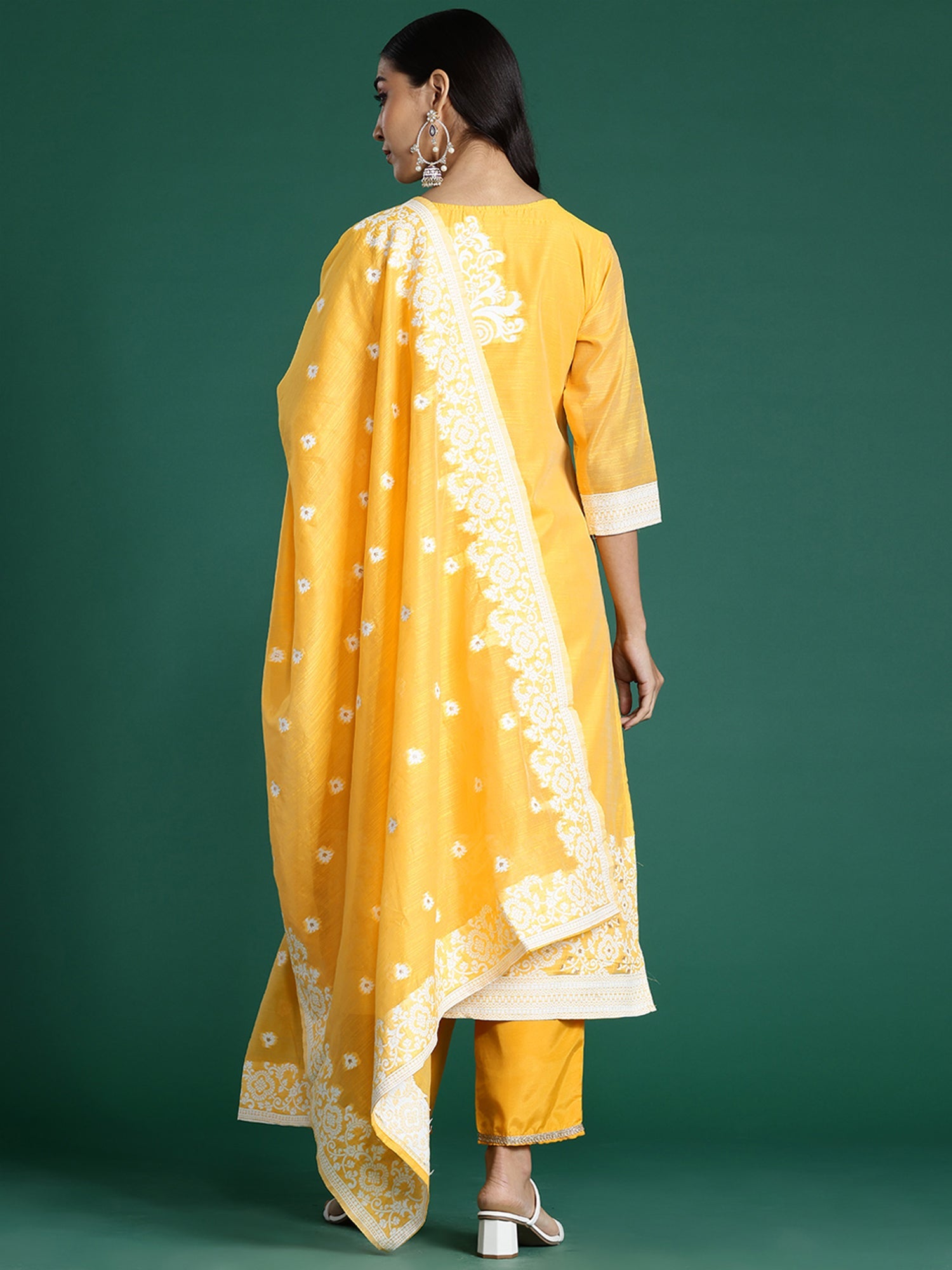 Indo Era Yellow Woven Design Straight Kurta Trousers With Dupatta set