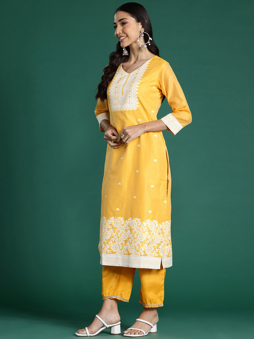Indo Era Yellow Woven Design Straight Kurta Trousers With Dupatta set