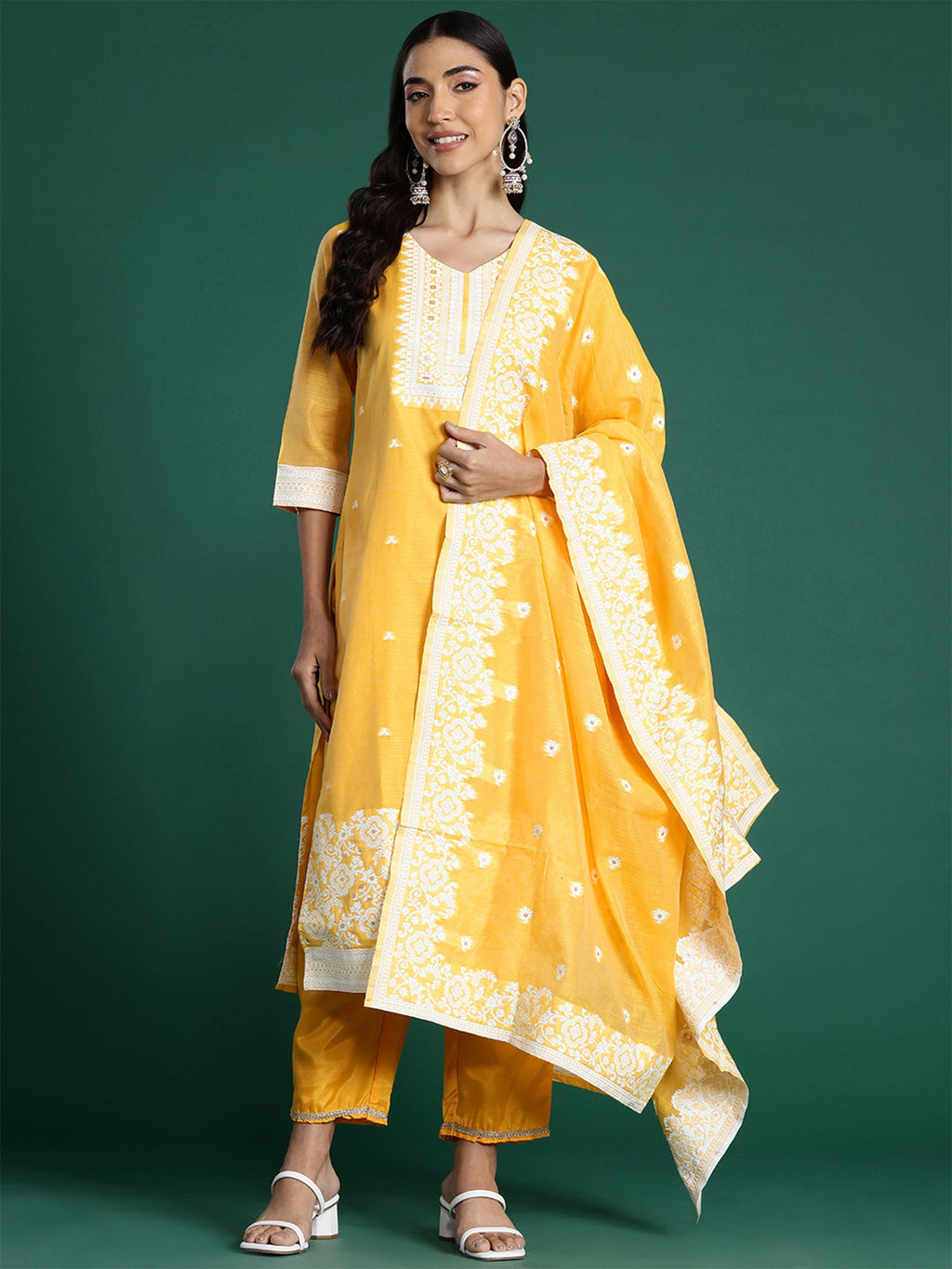 Indo Era Yellow Woven Design Straight Kurta Trousers With Dupatta set