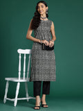 Indo Era Black Printed Straight Kurta