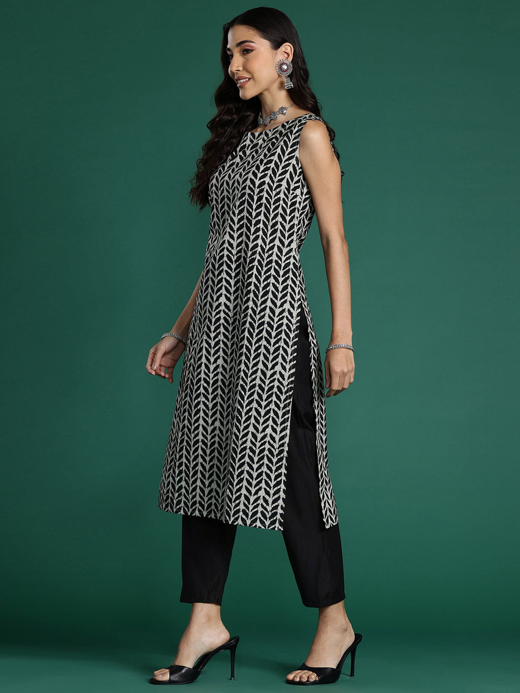 Indo Era Black Printed Straight Kurta