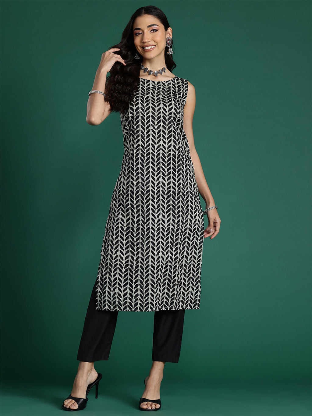 Indo Era Black Printed Straight Kurta