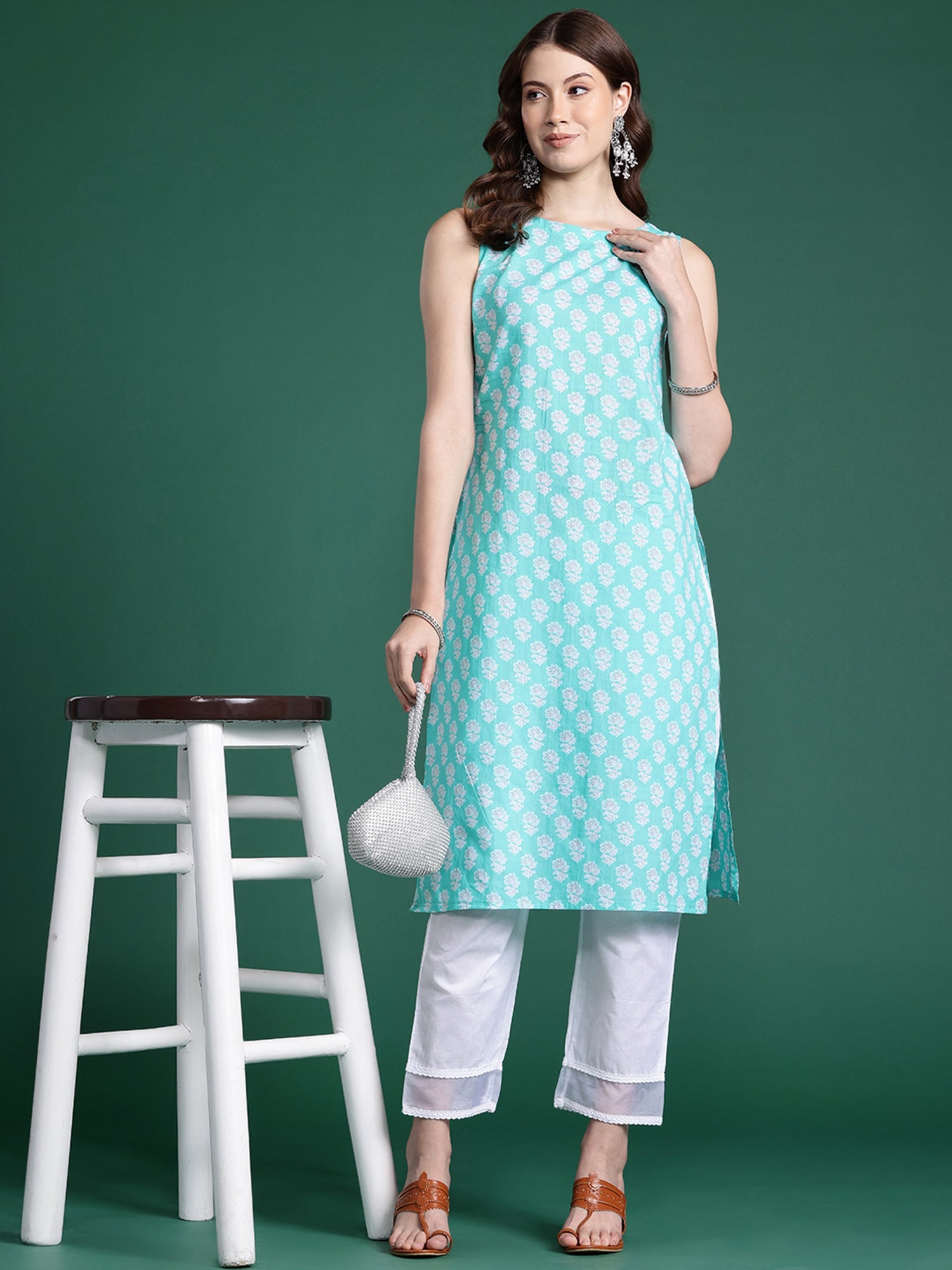 Indo Era Blue Printed Straight Kurta
