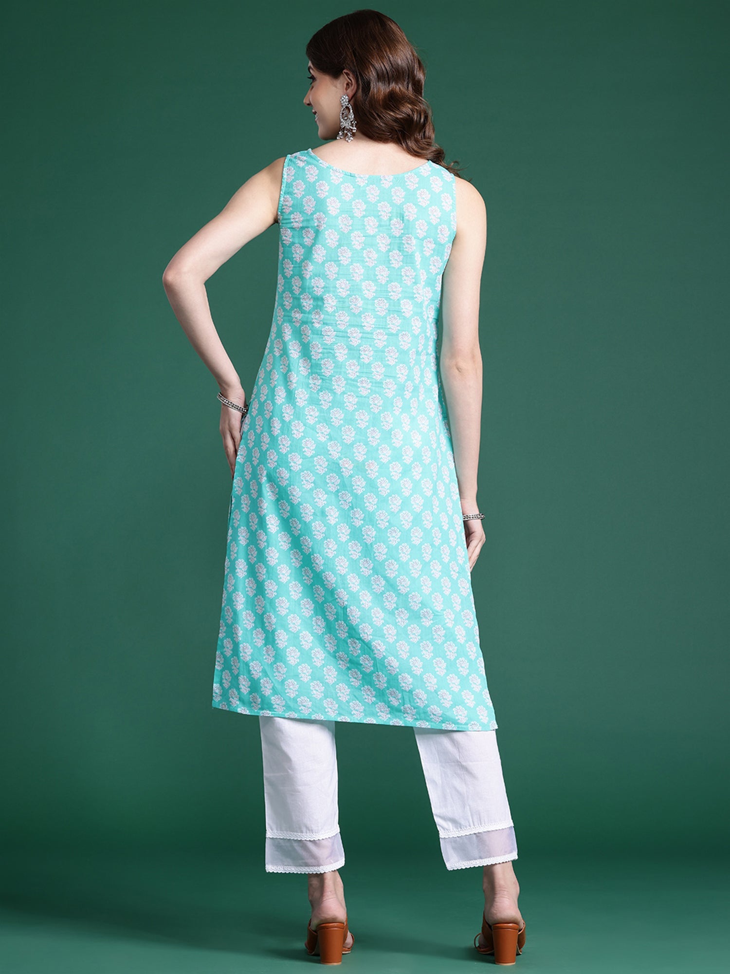 Indo Era Blue Printed Straight Kurta