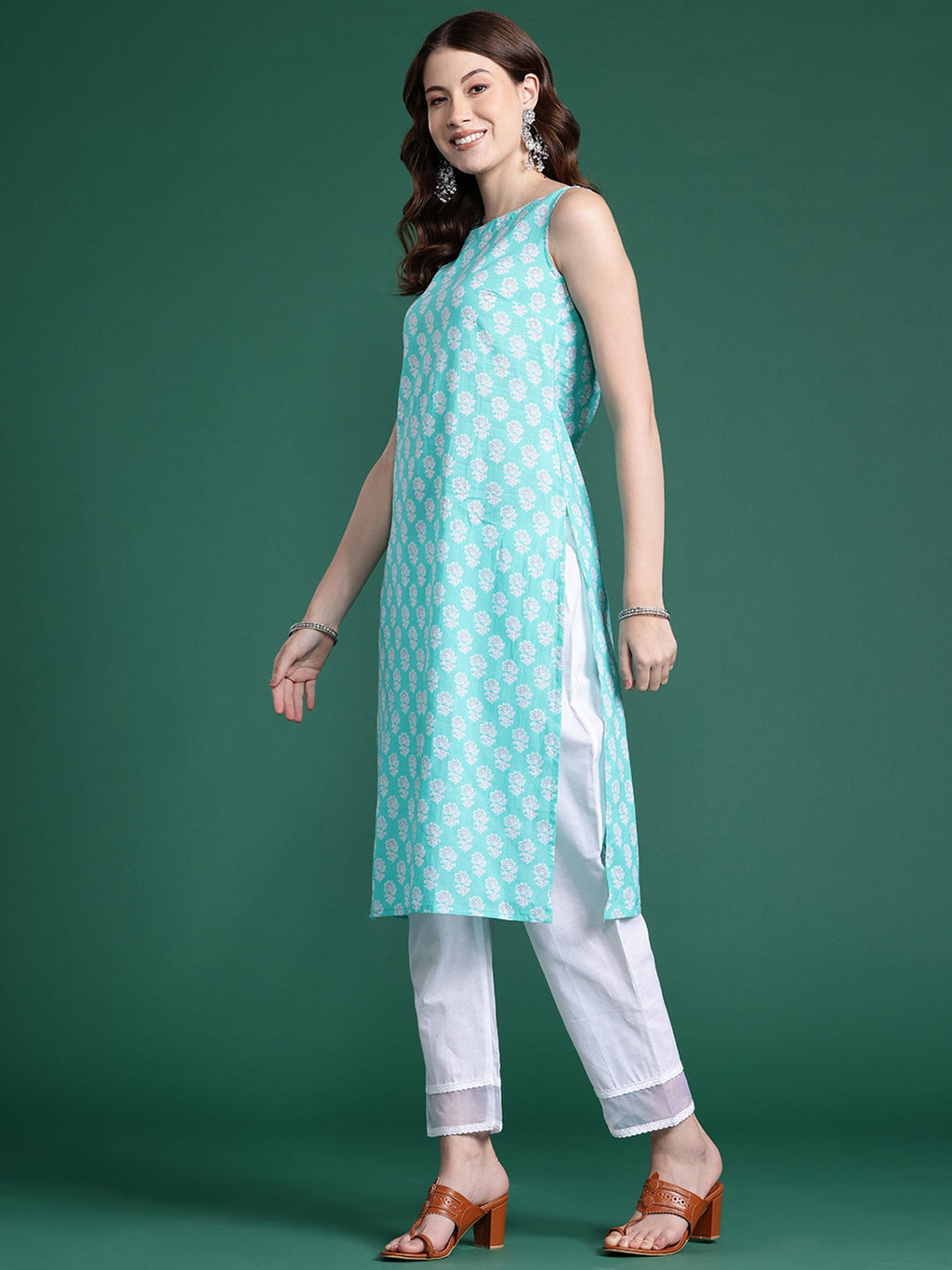 Indo Era Blue Printed Straight Kurta