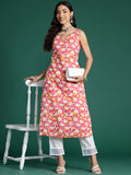 Indo Era Pink Printed Straight Kurta