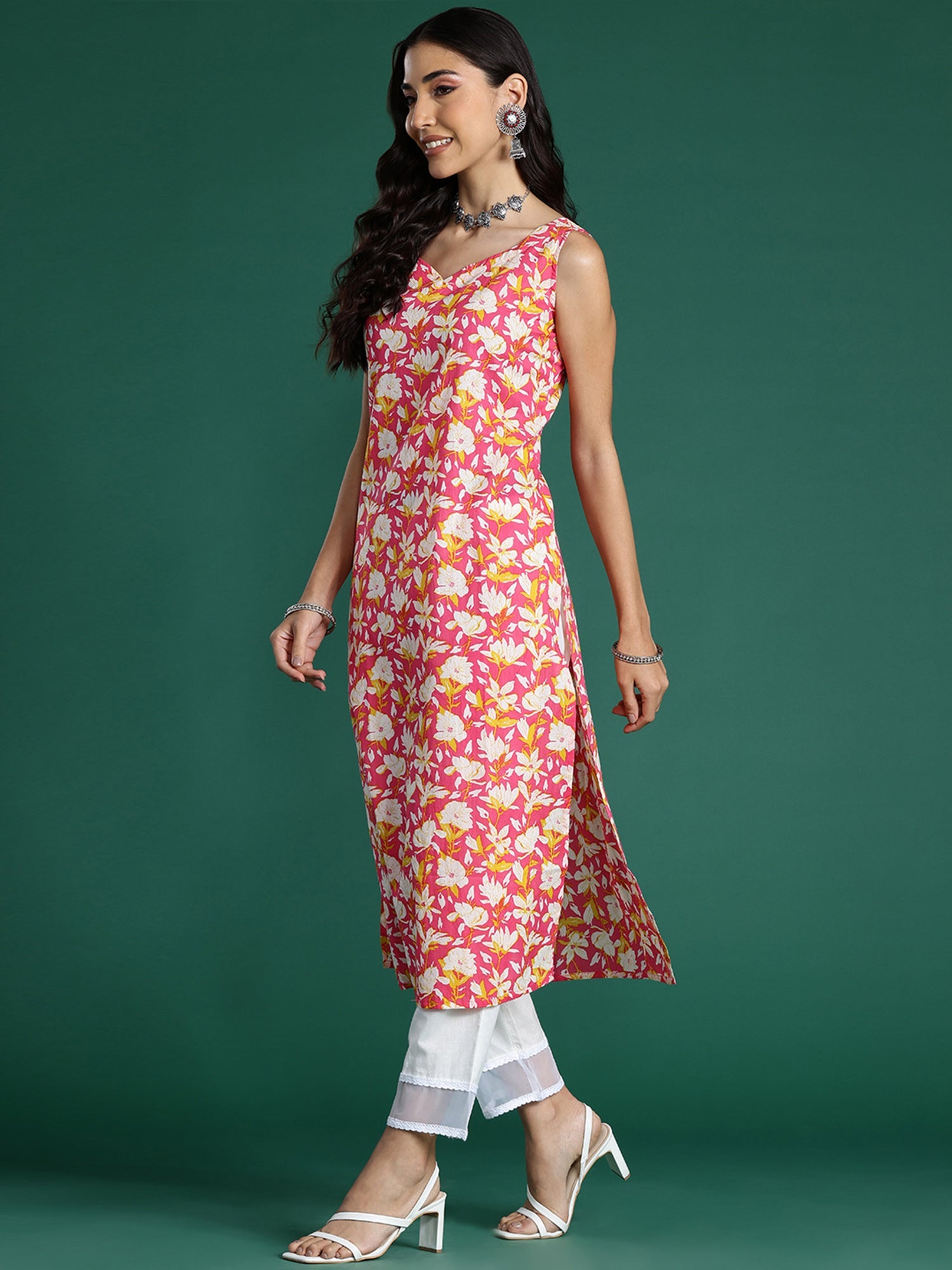Indo Era Pink Printed Straight Kurta