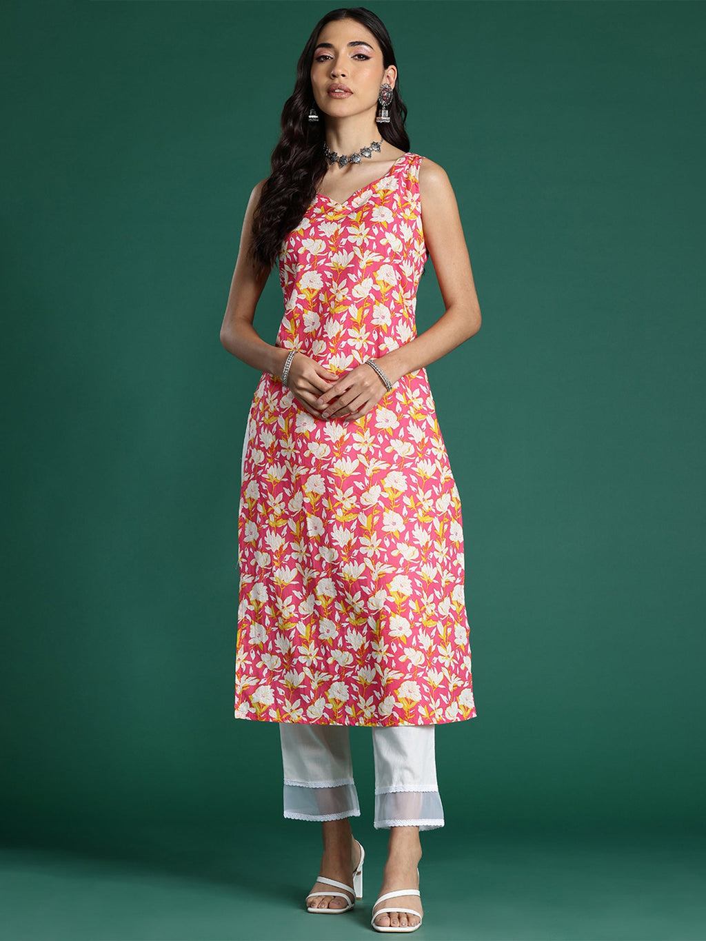 Indo Era Pink Printed Straight Kurta