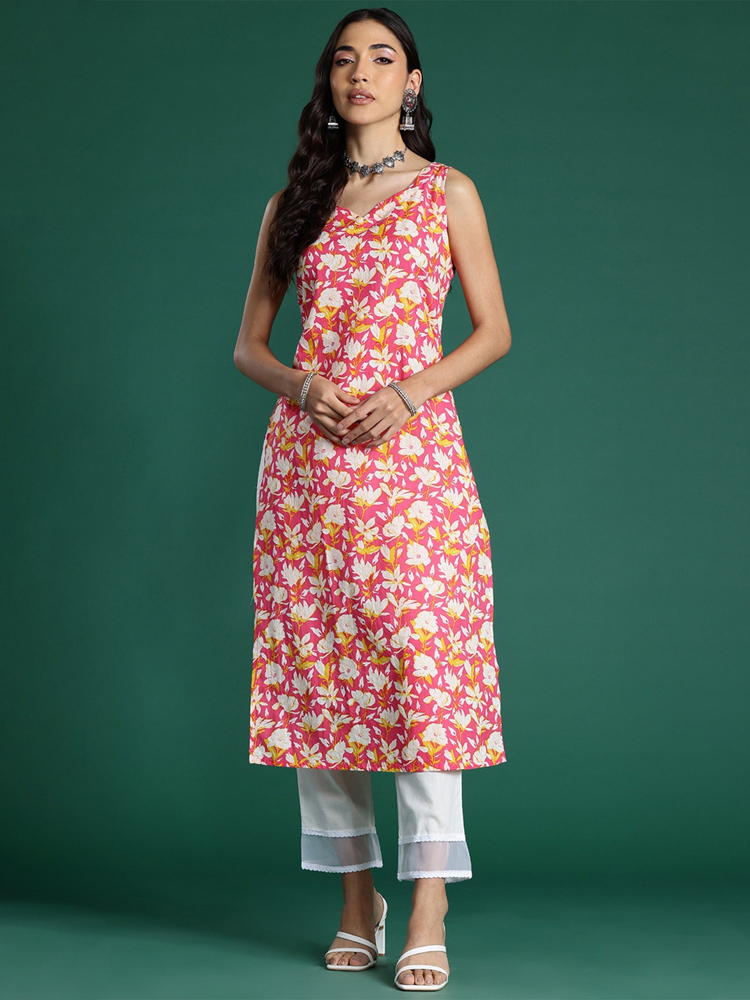Indo Era Pink Printed Straight Kurta