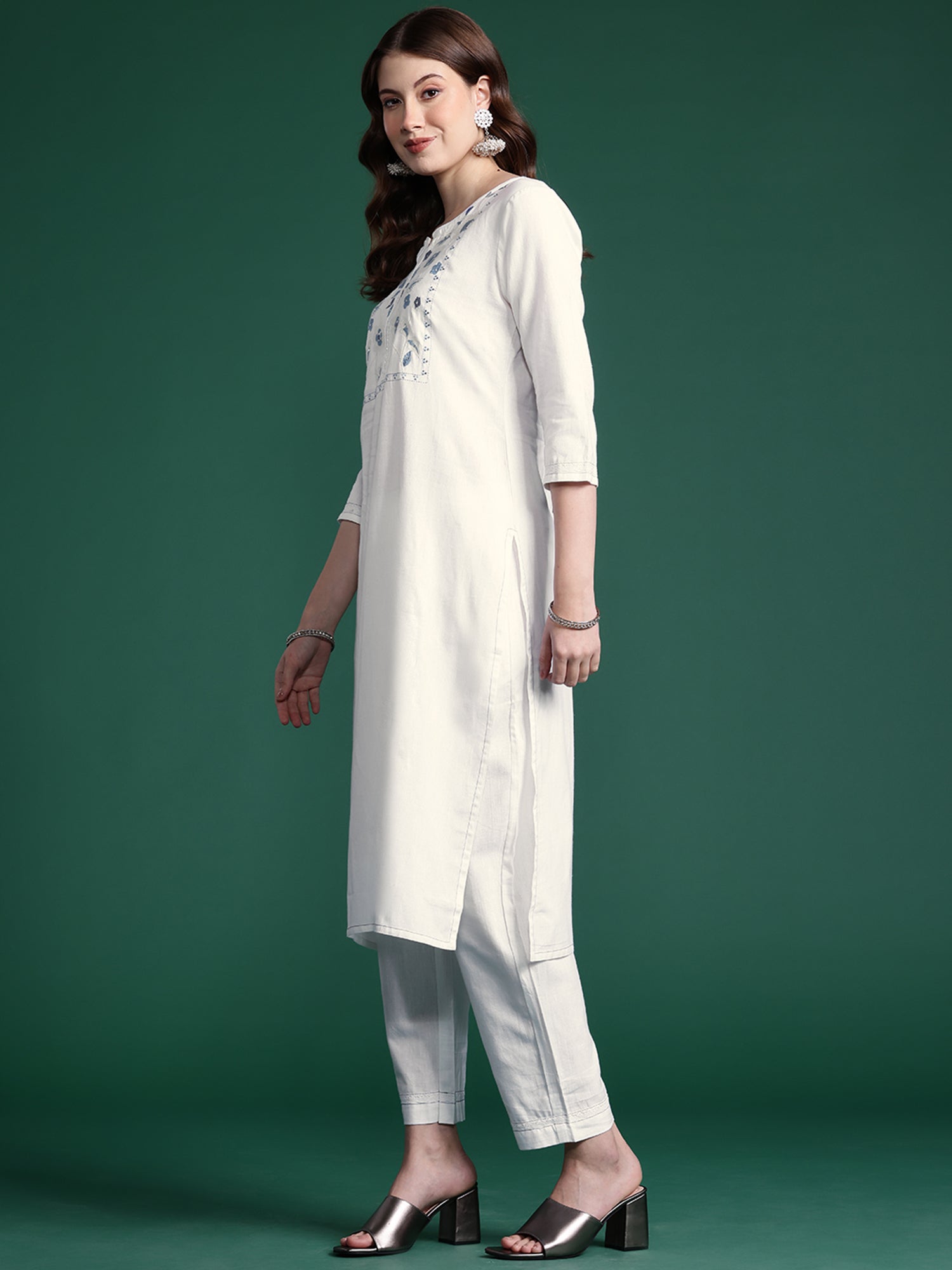 Indo Era White Embroidered Straight Kurta Trousers set