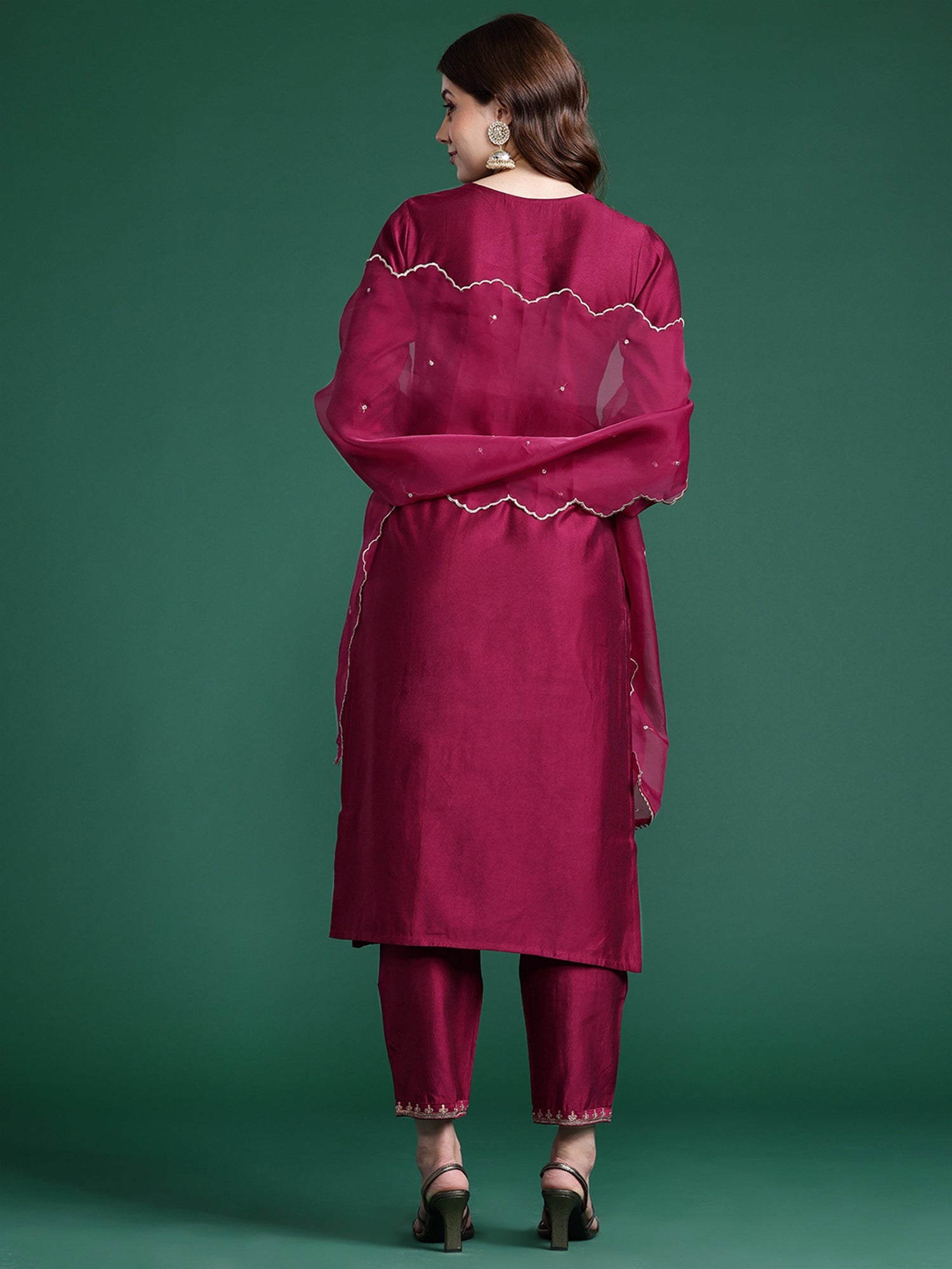 Indo Era Burgundy Embroidered Straight Kurta Trousers With Dupatta Set
