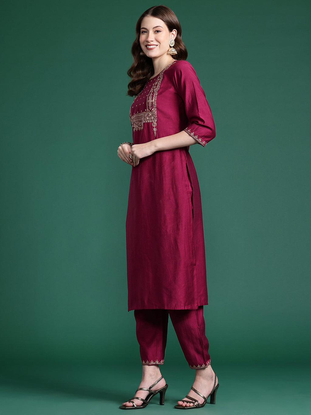 Indo Era Burgundy Embroidered Straight Kurta Trousers With Dupatta Set