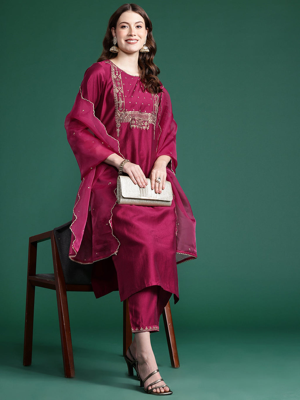 Indo Era Burgundy Embroidered Straight Kurta Trousers With Dupatta Set