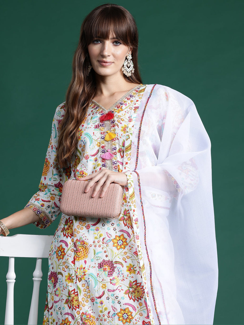 Indo Era Off White Printed Straight Kurta Trousers With Dupatta set