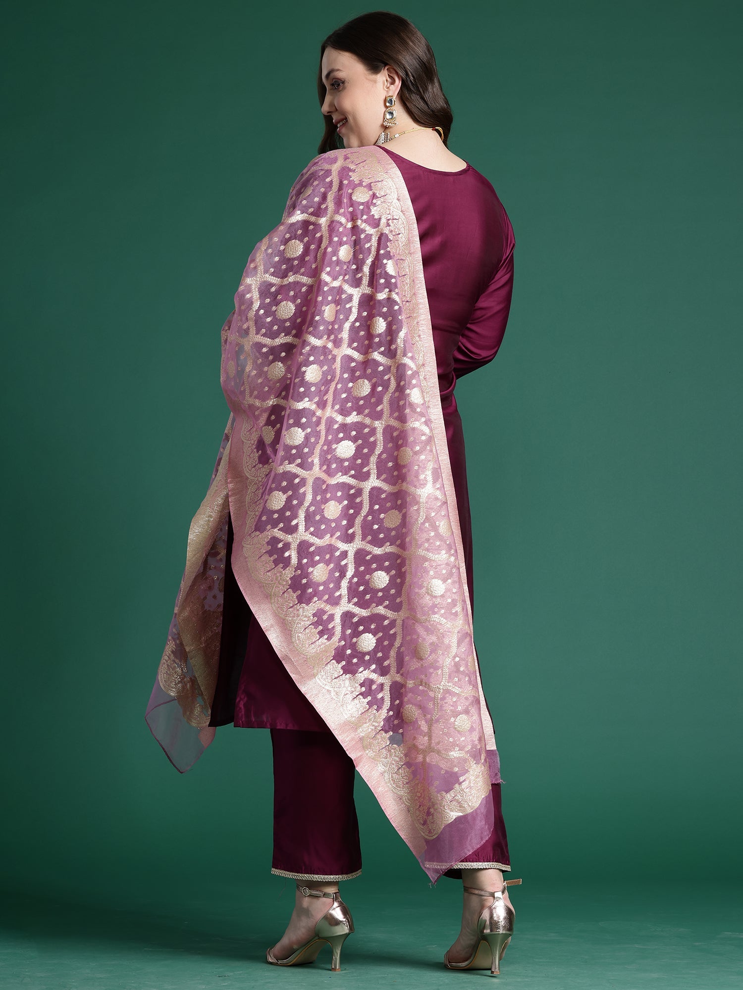 Indo Era Purple Embroidered Straight Kurta Trousers With Dupatta set
