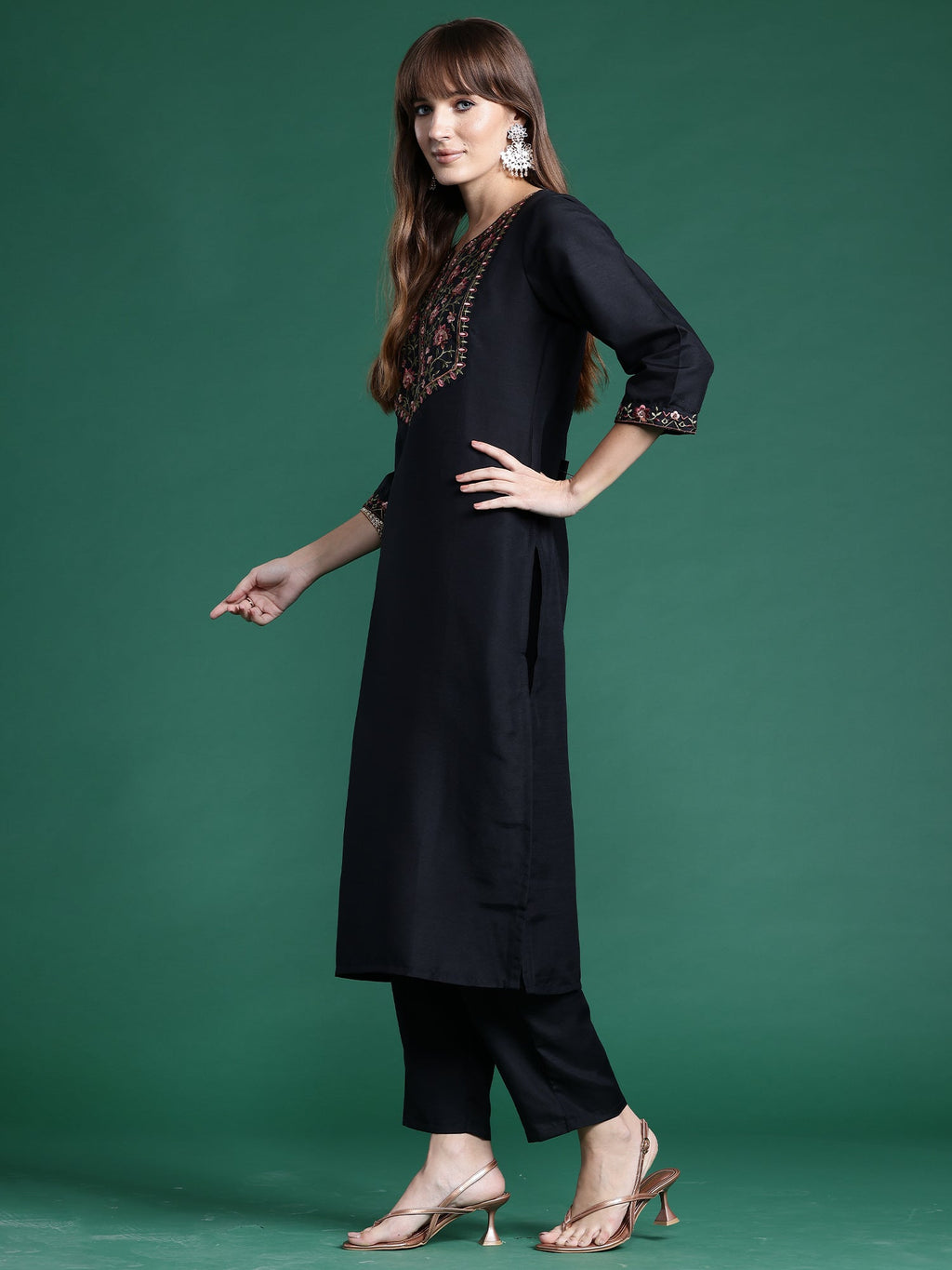 Indo Era Black Embroidered Straight Kurta Trousers With Dupatta Set