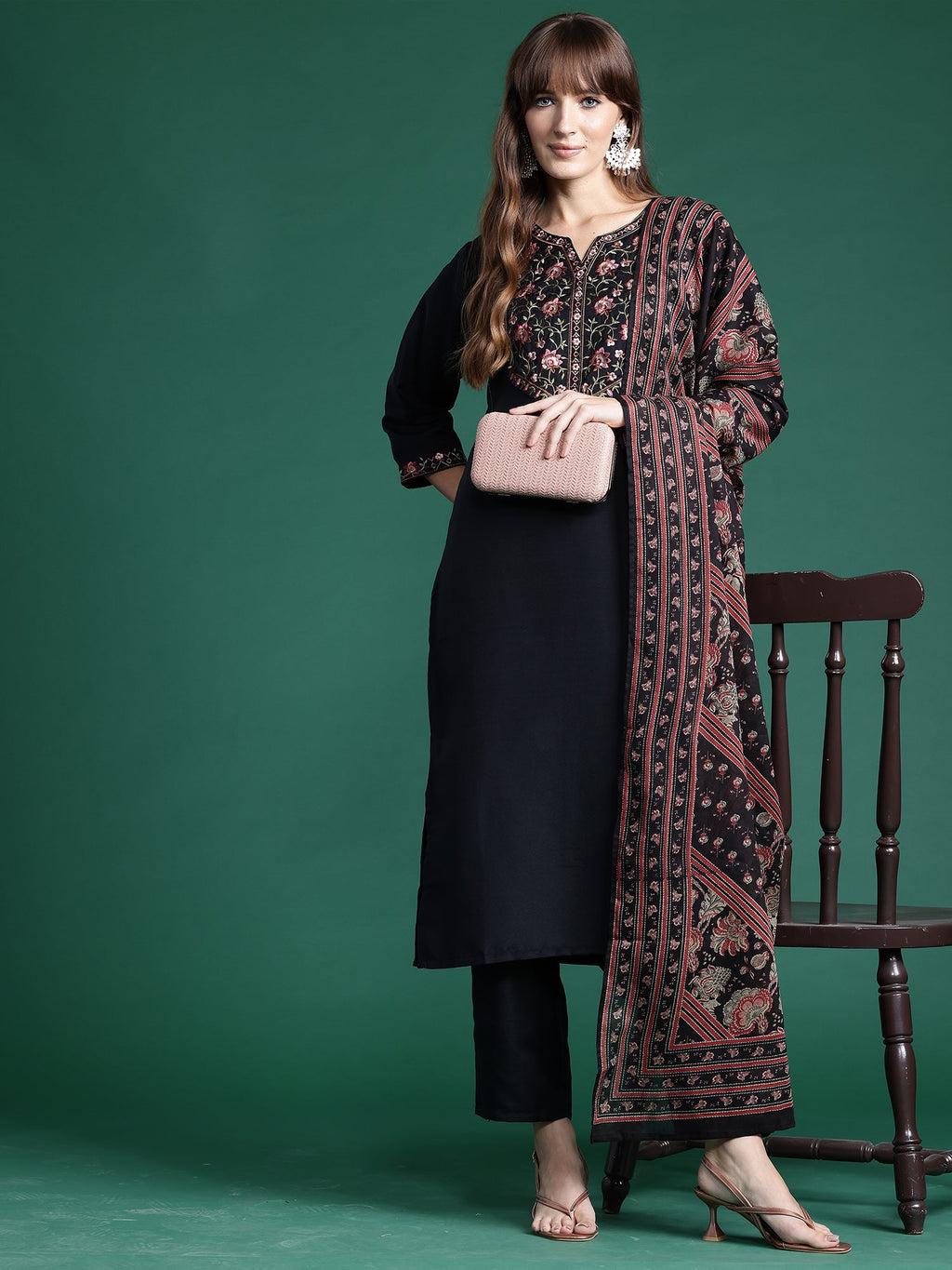 Indo Era Black Embroidered Straight Kurta Trousers With Dupatta Set