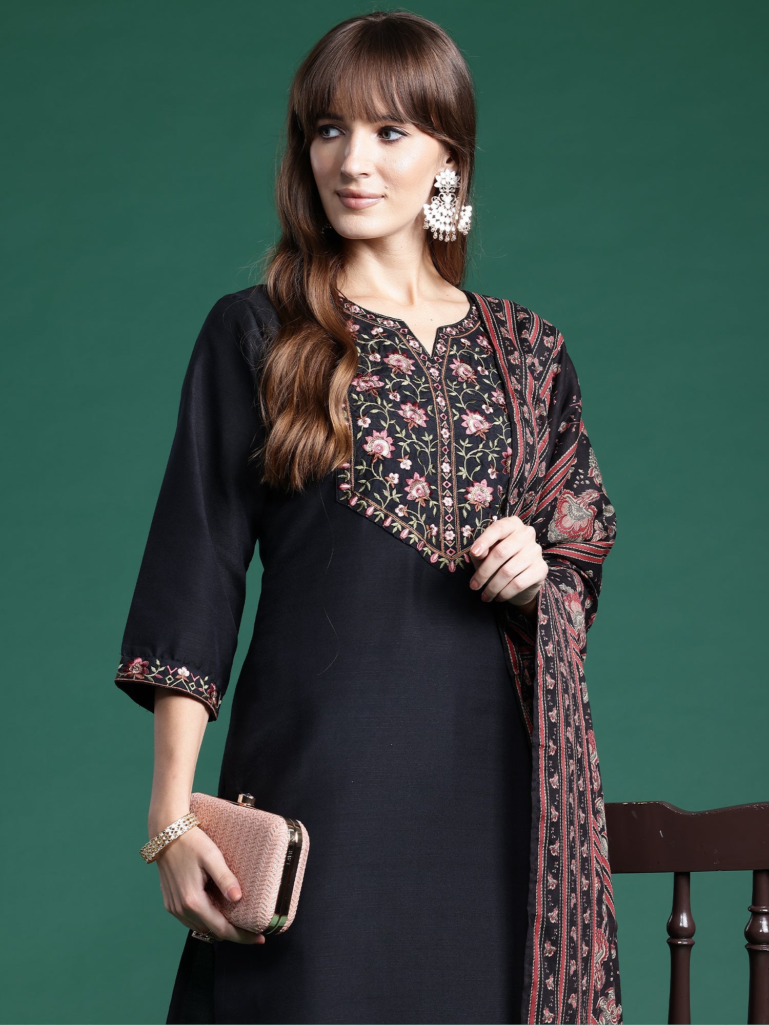 Indo Era Black Embroidered Straight Kurta Trousers With Dupatta Set