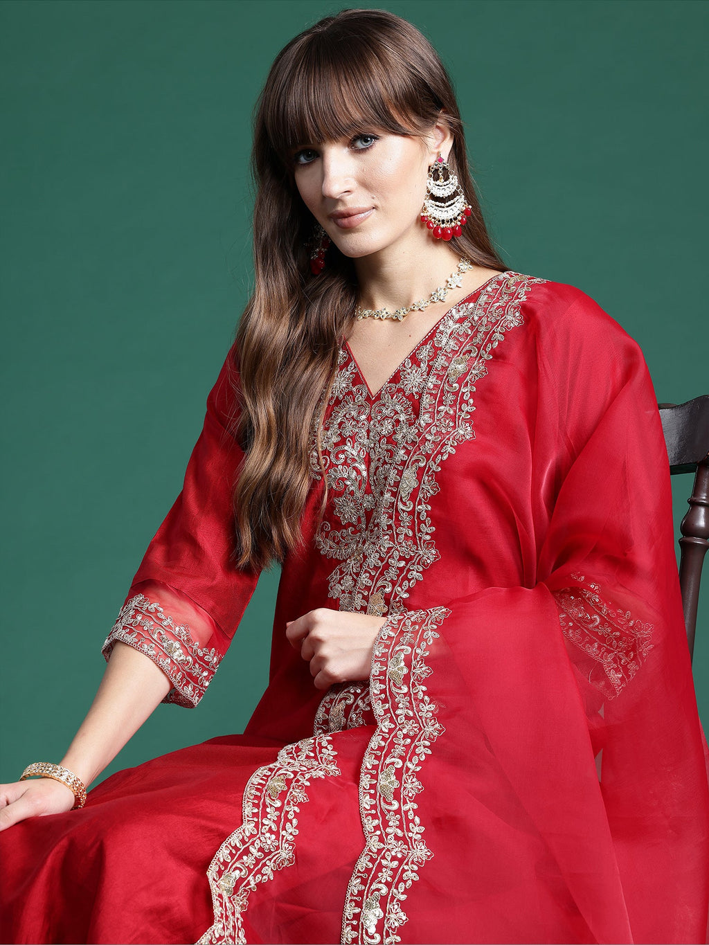 Indo Era Red Embroidered Straight Kurta Trousers With Dupatta Set