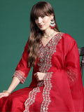 Indo Era Red Embroidered Straight Kurta Trousers With Dupatta Set