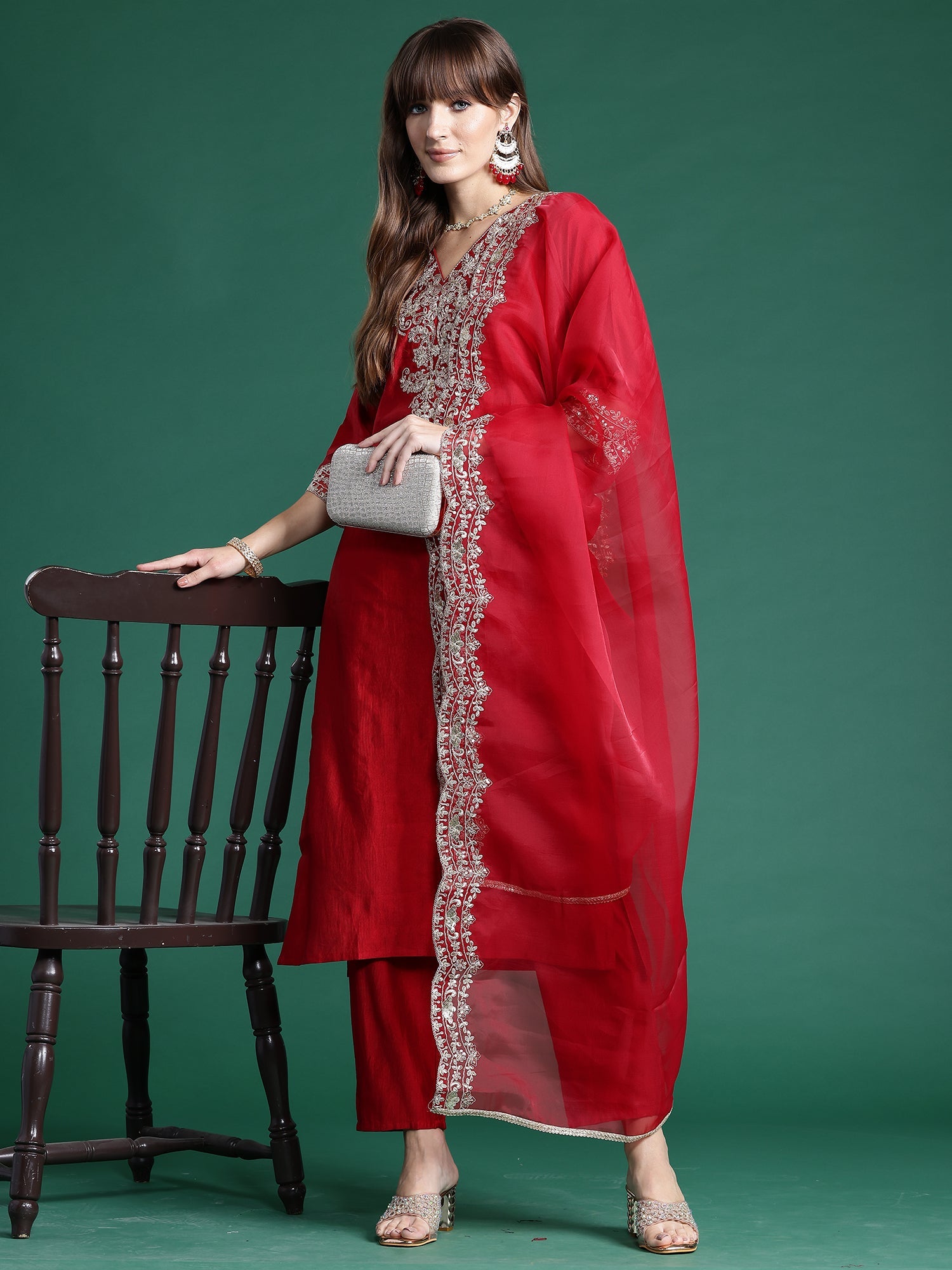 Indo Era Red Embroidered Straight Kurta Trousers With Dupatta Set