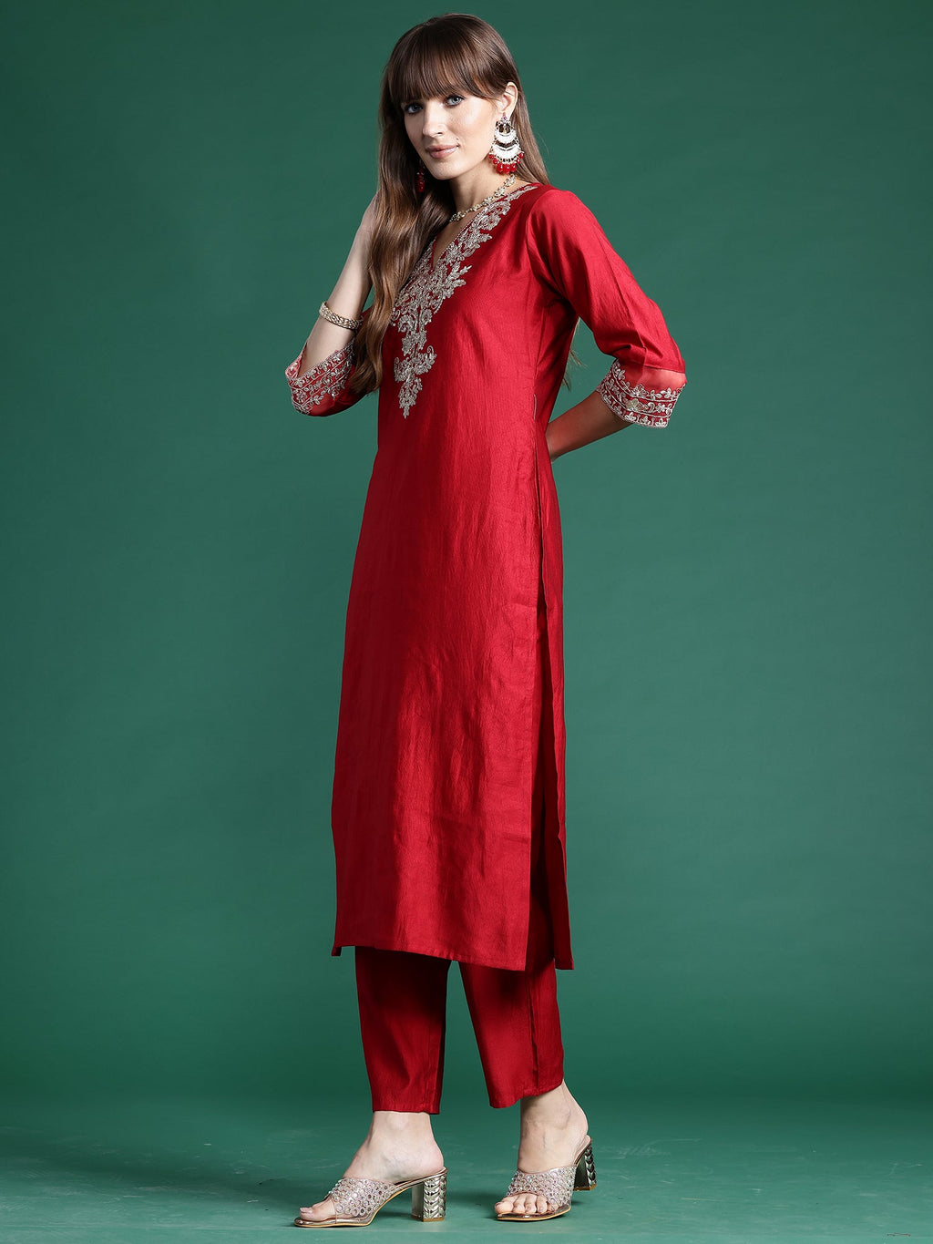 Indo Era Red Embroidered Straight Kurta Trousers With Dupatta Set