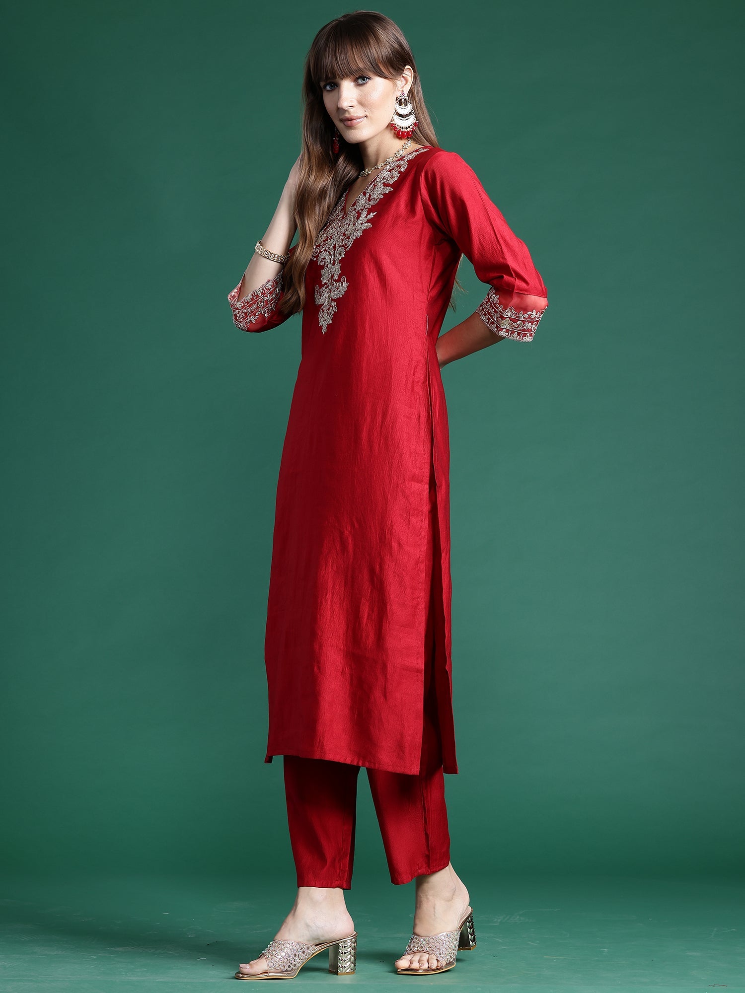 Indo Era Red Embroidered Straight Kurta Trousers With Dupatta Set