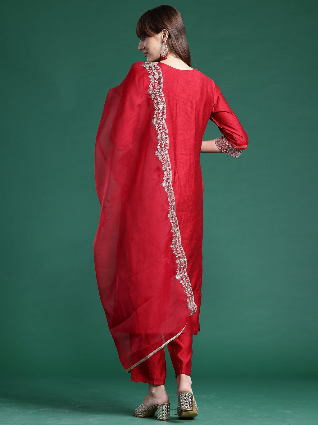 Indo Era Red Embroidered Straight Kurta Trousers With Dupatta Set