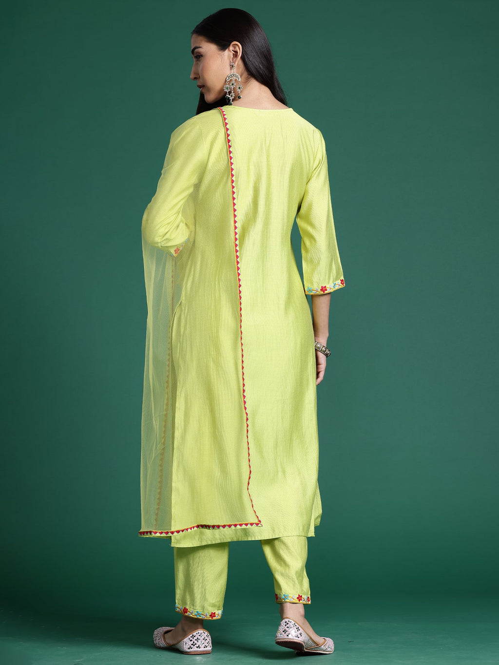 Indo Era Green Embroidered Straight Kurta Trousers With Dupatta Set