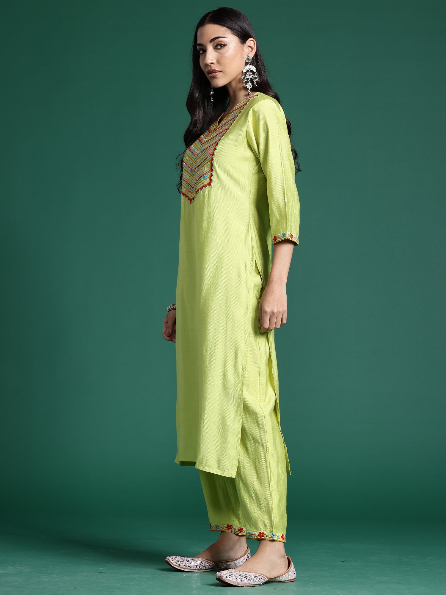 Indo Era Green Embroidered Straight Kurta Trousers With Dupatta Set