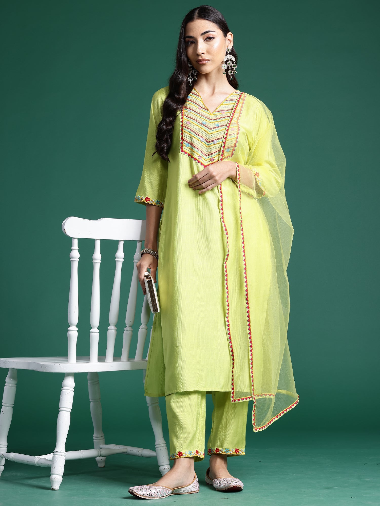 Indo Era Green Embroidered Straight Kurta Trousers With Dupatta Set