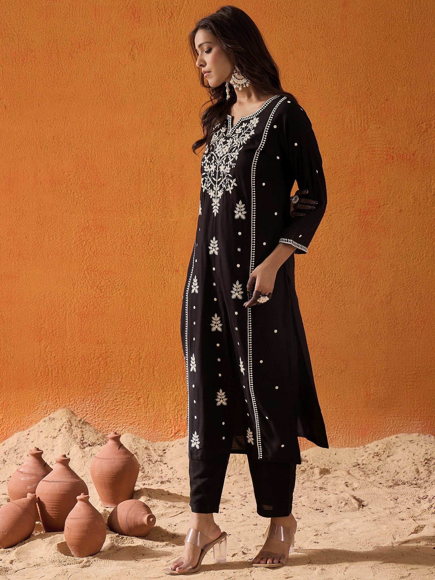 Indo Era Black Embroidered Straight Kurta