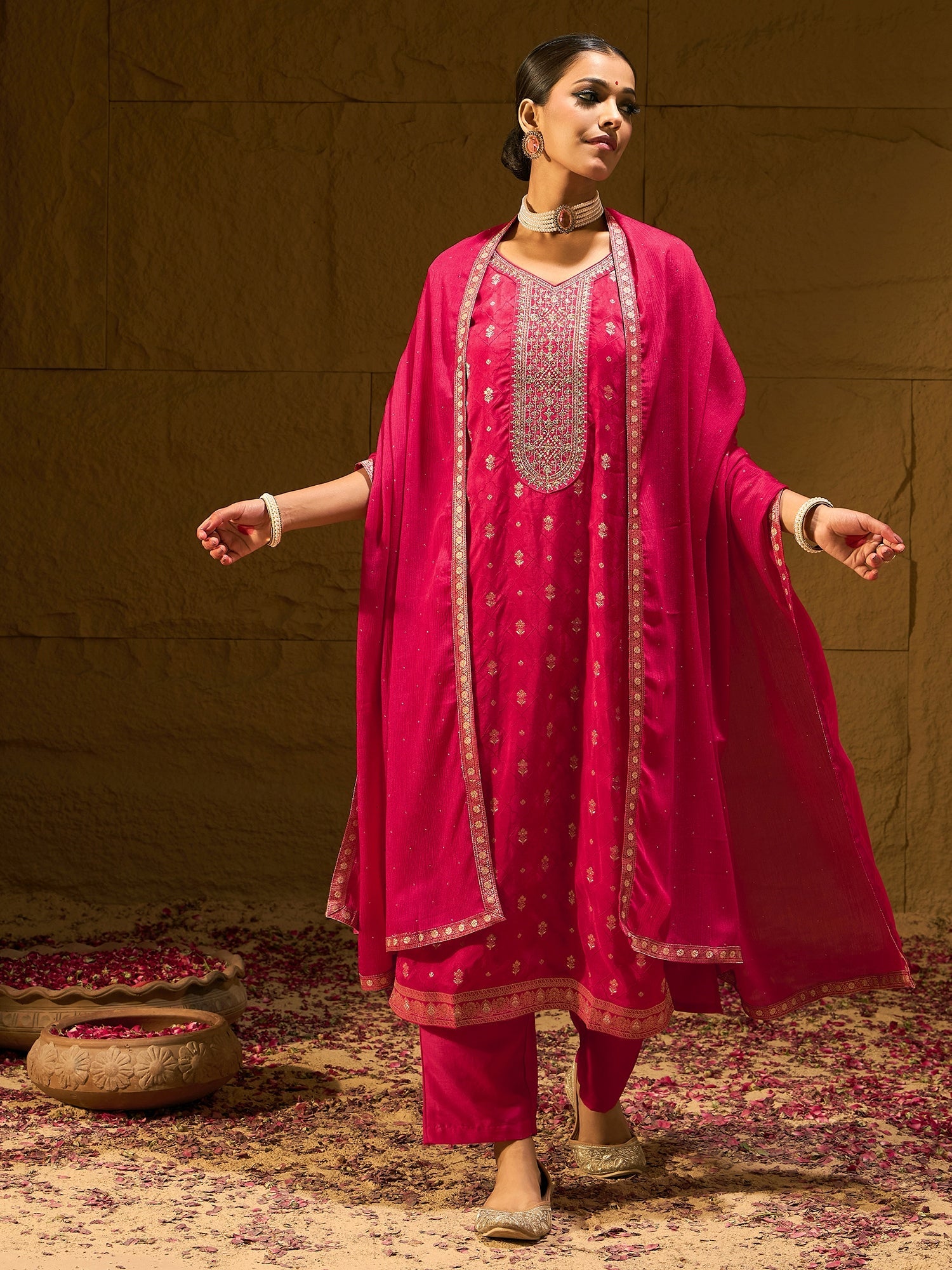 Indo Era Magenta Embroidered Straight Kurta Trousers With Dupatta set