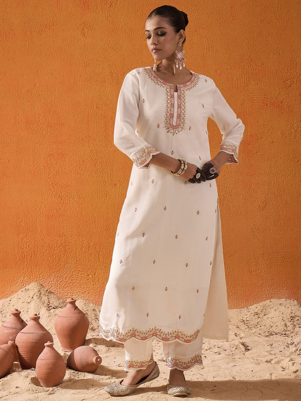 Indo Era White Embroidered Straight Kurta Trousers With Dupatta set