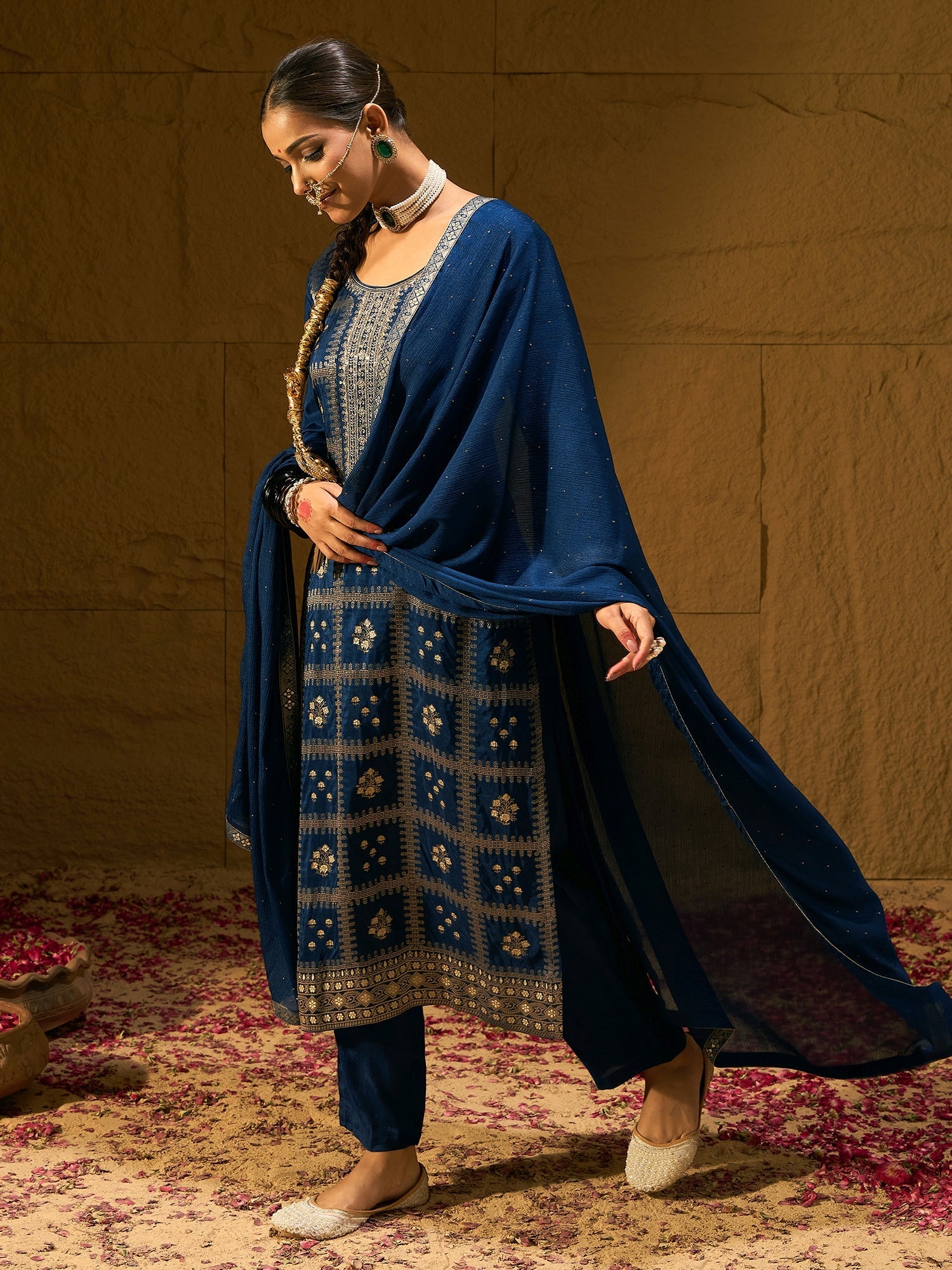 Indo Era Blue Embroidered Straight Kurta Trousers With Dupatta set