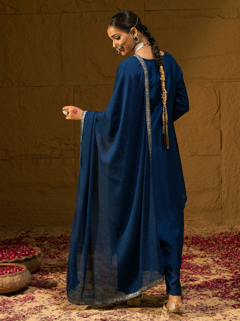 Indo Era Blue Embroidered Straight Kurta Trousers With Dupatta set