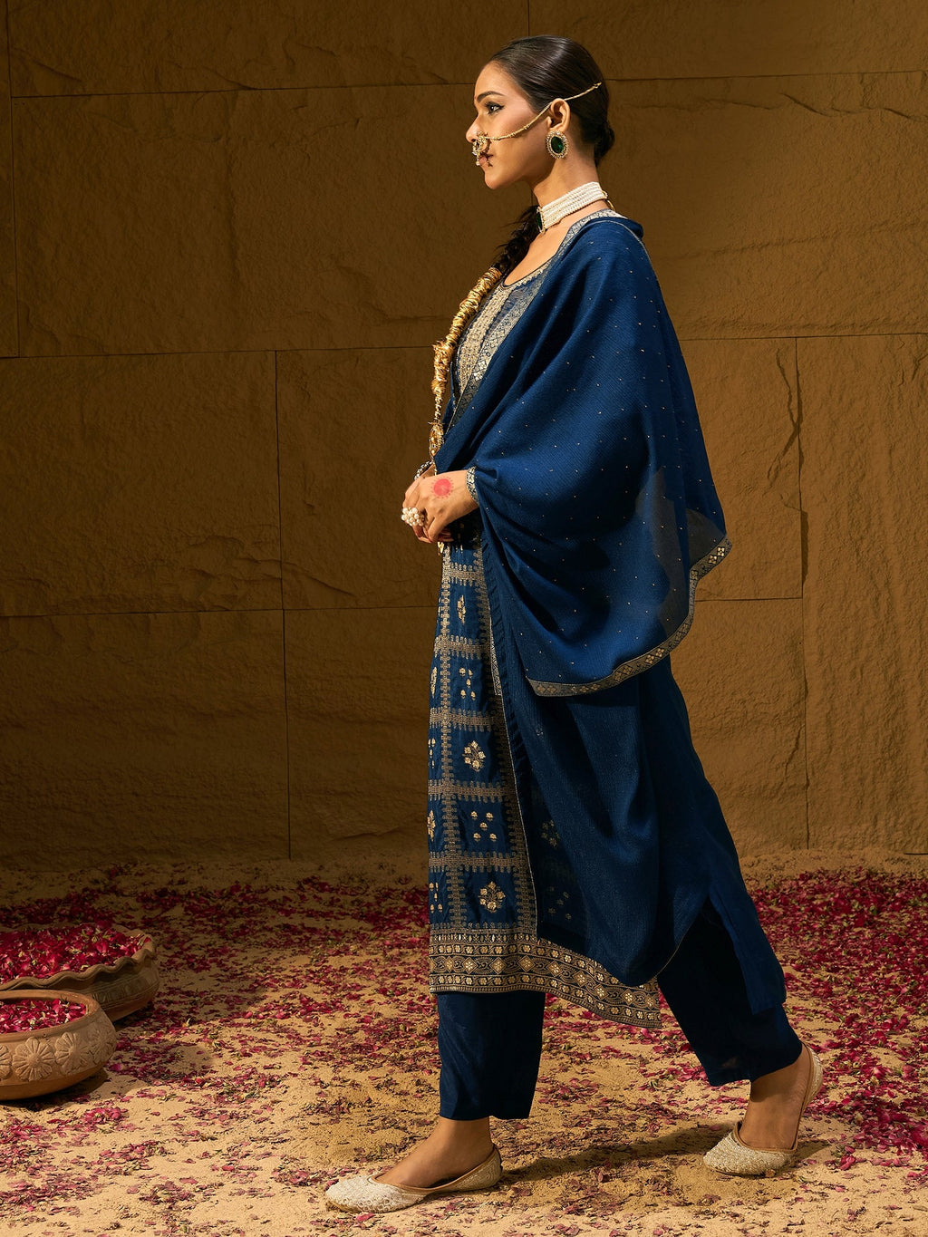 Indo Era Blue Embroidered Straight Kurta Trousers With Dupatta set