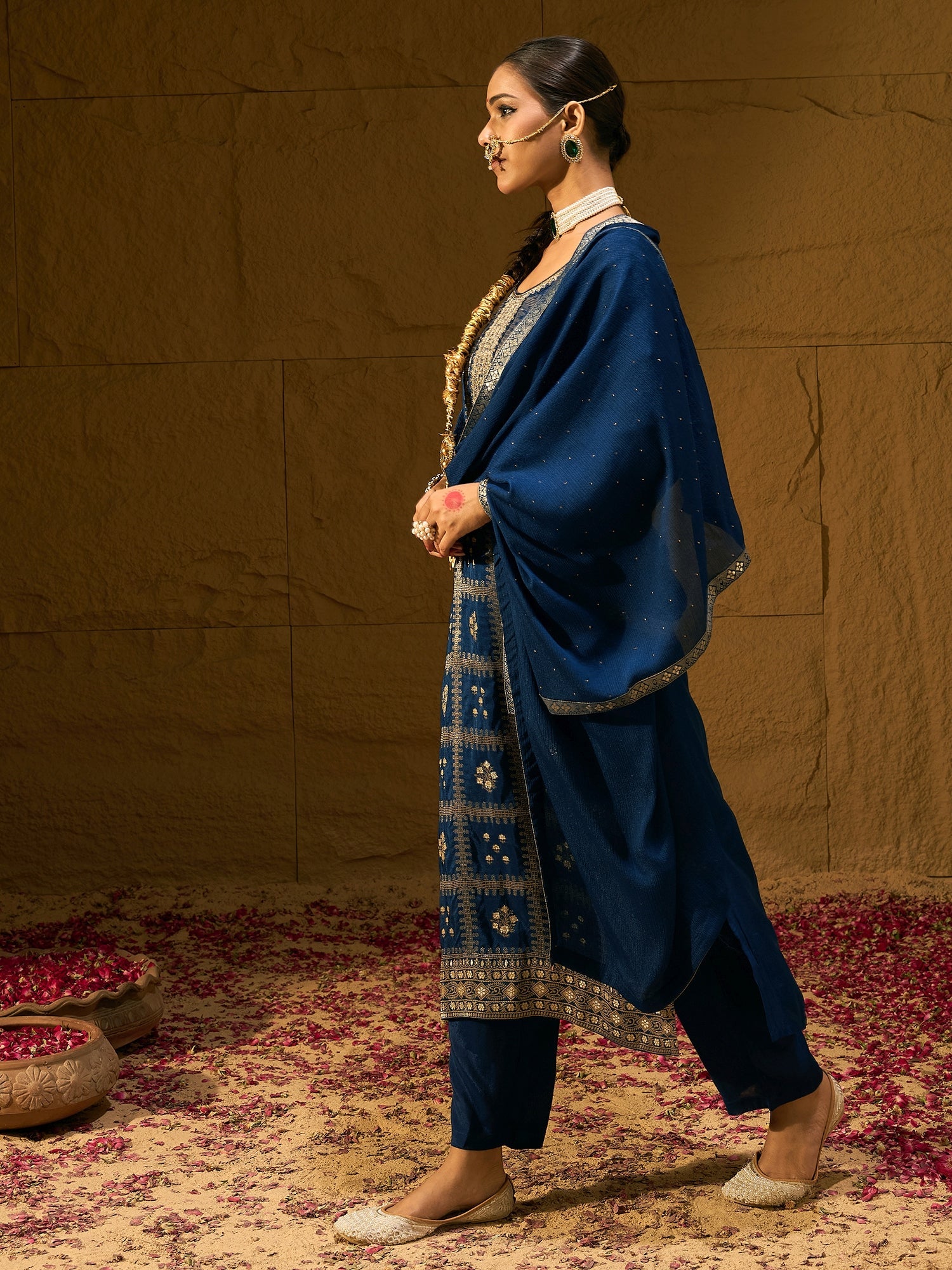 Indo Era Blue Embroidered Straight Kurta Trousers With Dupatta set